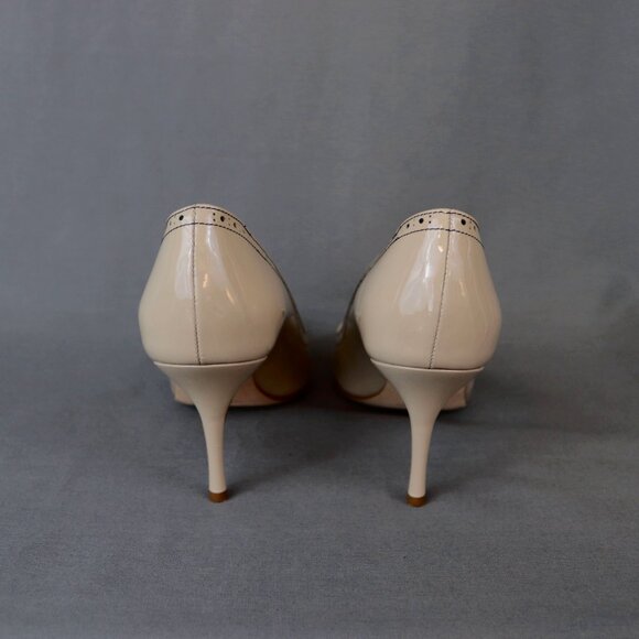 Manolo Blahnik 38 Quitohi Patent Nude Tan Point Toe Heels Perforated Laser Cut - Picture 4 of 16